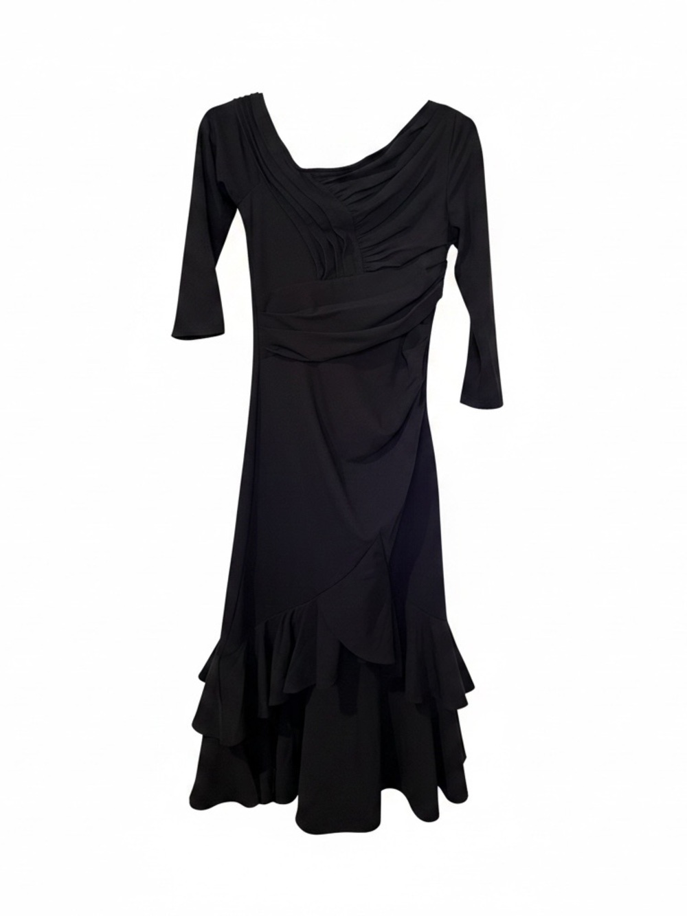 NWT Elegant Black 3/4 Sleeve Ruffle Hem Evening Dress